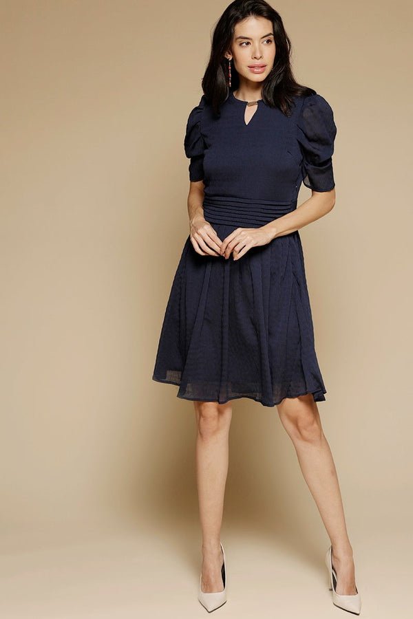 gipsy Navy Blue Above Knee Length KeyHole Neck Polyester Chiffon Dress Navy