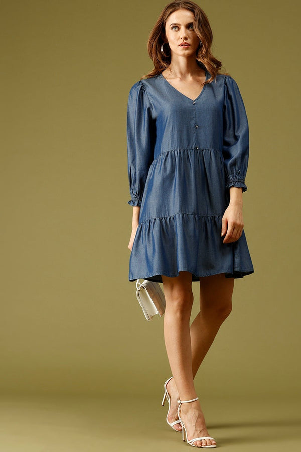 Gipsy Navy Blue Knee Length V-Neck 3/4th Sleeves Solid Dress Navy