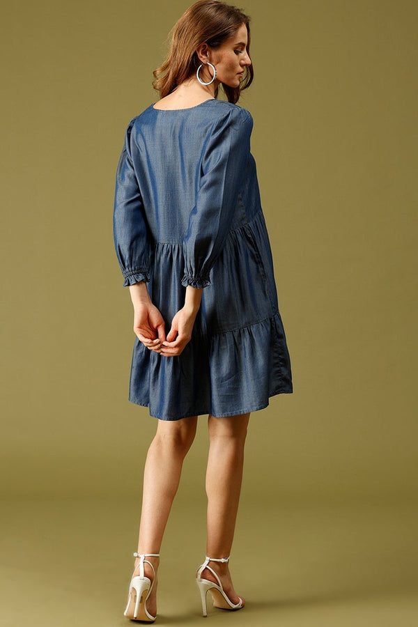 Gipsy Navy Blue Knee Length V-Neck 3/4th Sleeves Solid Dress Navy