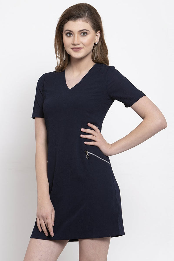 Gipsy Navy Blue Knee Length V-Neck Polyester Dress Navy Blue