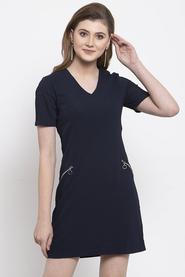 gipsy Navy Blue Knee Length V-Neck Polyester Dress Navy Blue