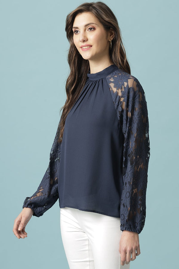 Gipsy Navy Blue Medium Length Choker Neck Polyester Blouse Navy Blue