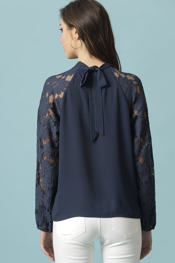 Gipsy Navy Blue Medium Length Choker Neck Polyester Blouse Navy Blue