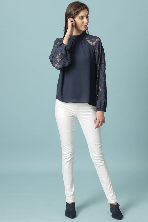 Gipsy Navy Blue Medium Length Choker Neck Polyester Blouse Navy Blue