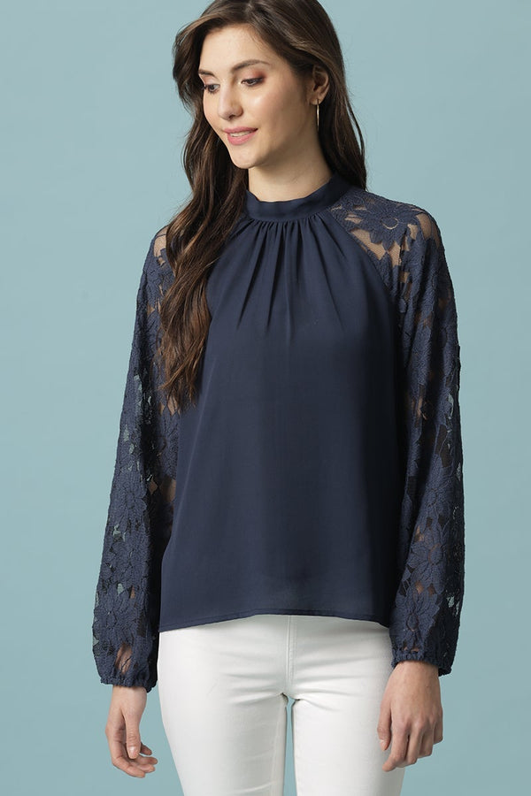 gipsy Navy Blue Medium Length Choker Neck Polyester Blouse Navy Blue