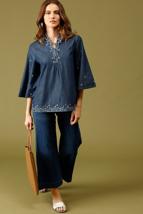 Gipsy Navy Blue Medium Length Mandarin Collar 3/4th Sleeves Embellished Denim Tunic Navy