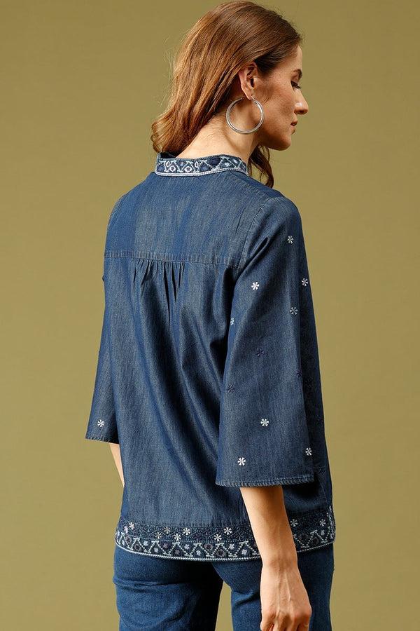 Gipsy Navy Blue Medium Length Mandarin Collar 3/4th Sleeves Embellished Denim Tunic Navy