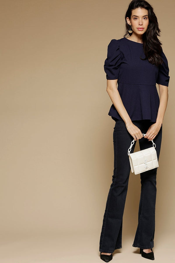 Gipsy Navy Blue Medium Length Round Neck Short Sleeves Poly Crepe Top Navy