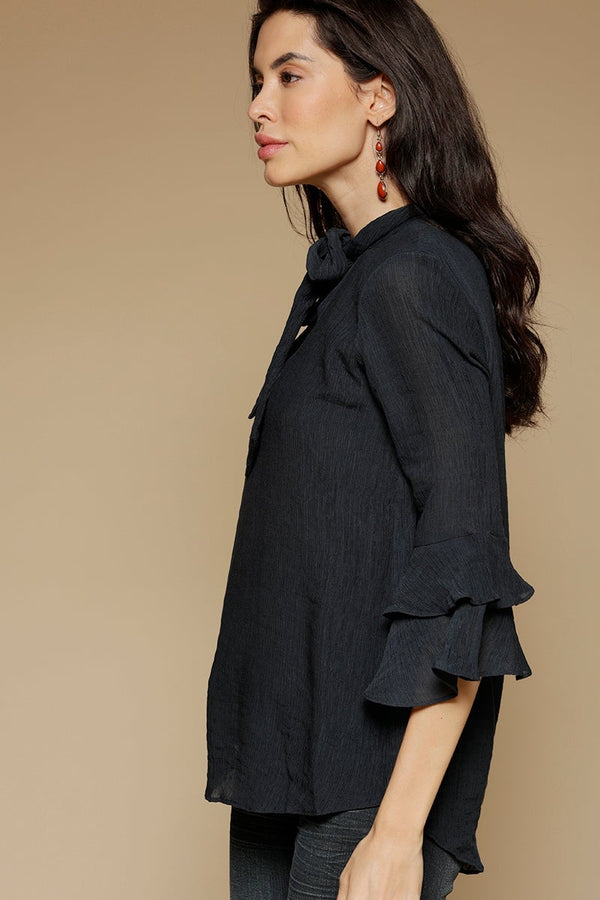 Gipsy Navy Blue Medium Length Tie-Up Neck 3/4th Sleeves Chiffon Tunic Navy