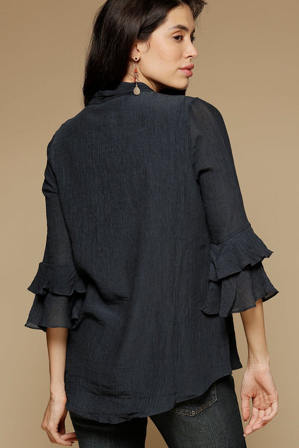 Gipsy Navy Blue Medium Length Tie-Up Neck 3/4th Sleeves Chiffon Tunic Navy