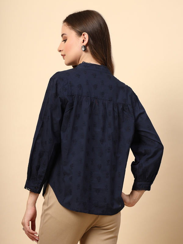 Gipsy Navy Tunic With Front Smoking And Lace Attachment