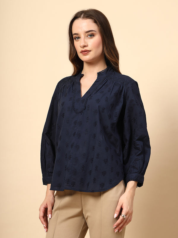 Gipsy Navy Tunic With Front Smoking And Lace Attachment