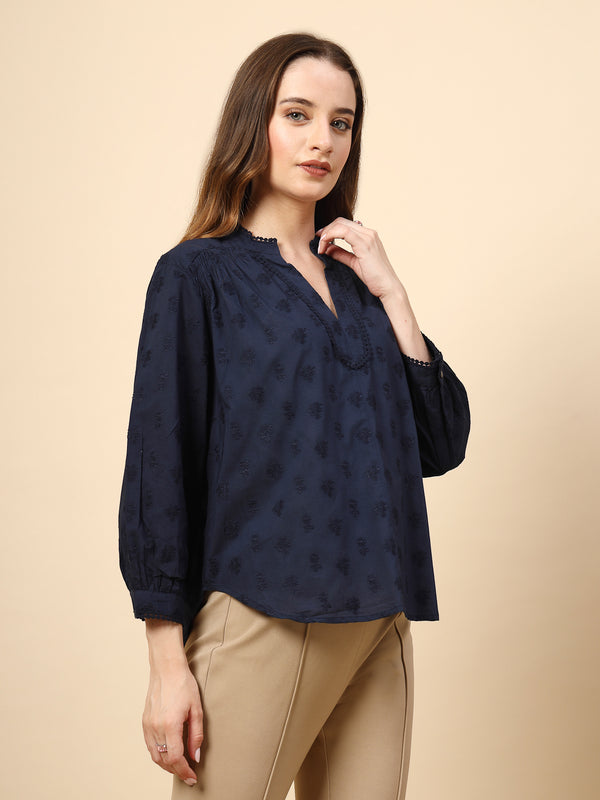 Gipsy Navy Tunic With Front Smoking And Lace Attachment