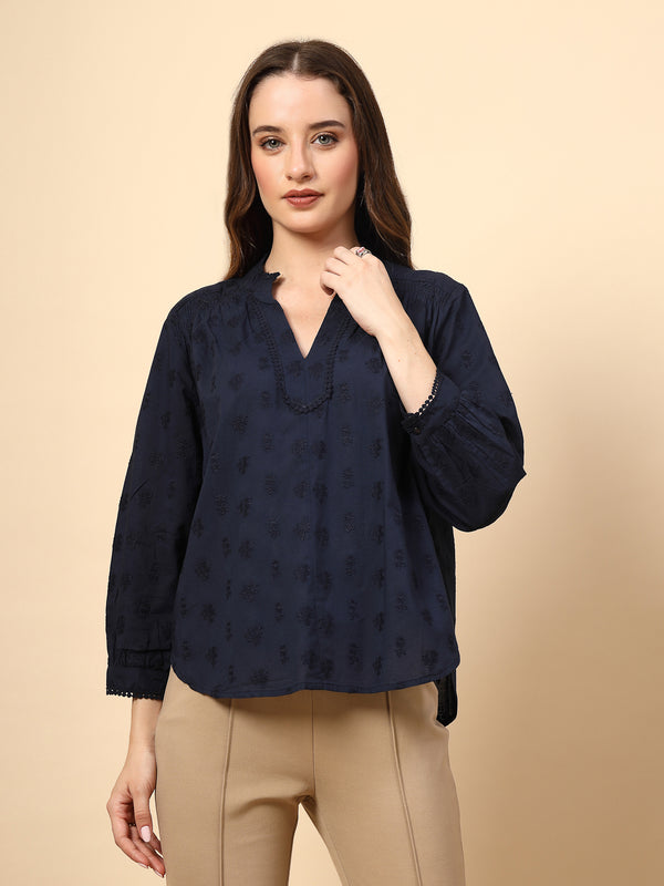 gipsy Navy Tunic with Front Smoking and Lace Attachment