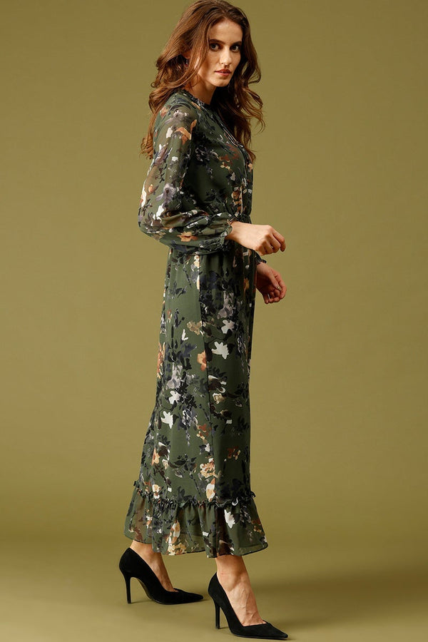Gipsy Olive Maxi Length Tie-Up Neck Long Sleeves Floral Print Georgette Dress Olive