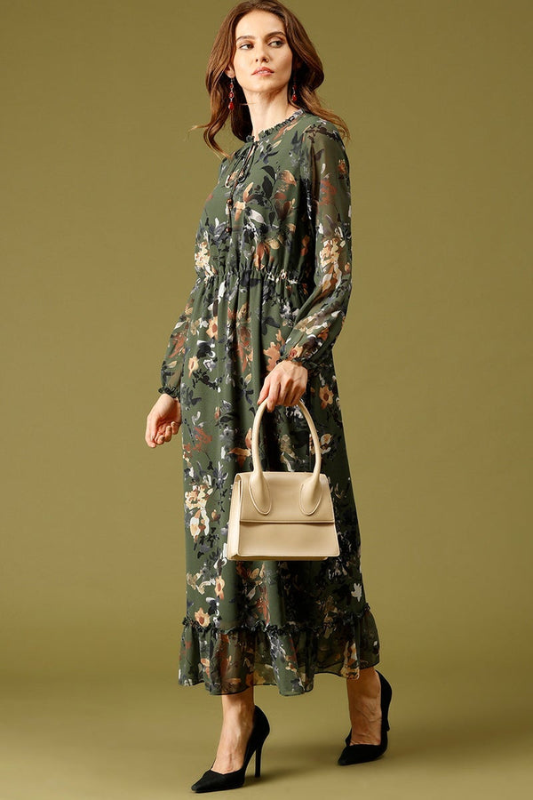 Gipsy Olive Maxi Length Tie-Up Neck Long Sleeves Floral Print Georgette Dress Olive