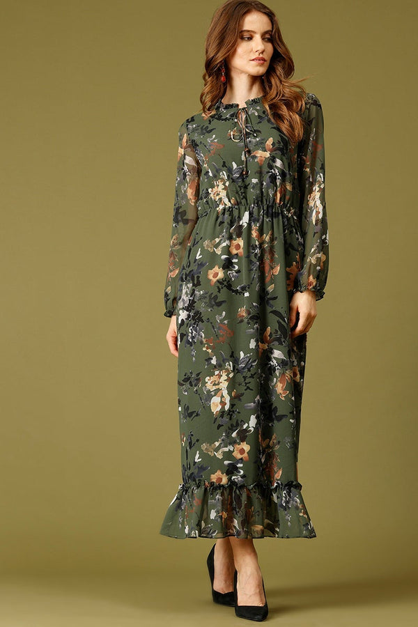 gipsy Olive Maxi Length Tie-Up Neck Long Sleeves Floral Print Georgette Dress Olive