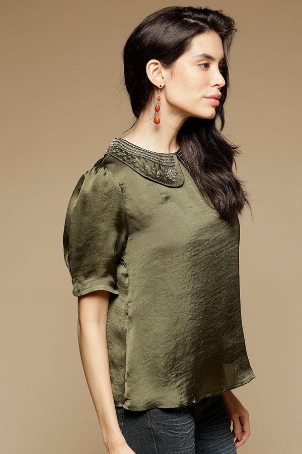 Gipsy Olive Medium Length Peter Pan Neck Short Sleeves Satin Top Olive