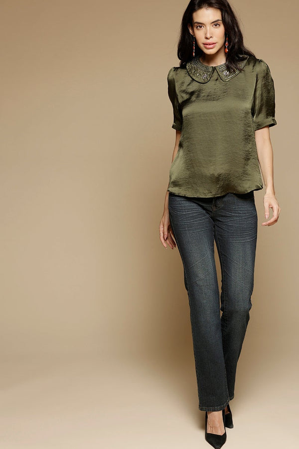 Gipsy Olive Medium Length Peter Pan Neck Short Sleeves Satin Top Olive