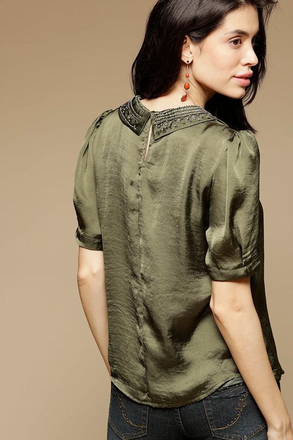 Gipsy Olive Medium Length Peter Pan Neck Short Sleeves Satin Top Olive