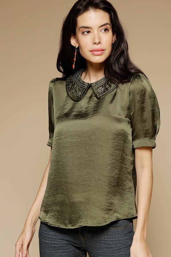 gipsy Olive Medium Length Peter Pan Neck Short Sleeves Satin Top Olive