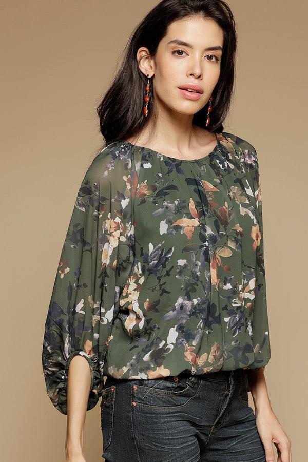 Gipsy Olive Medium Length Round Neck 3/4th Sleeves Printed Georgette Top Olive