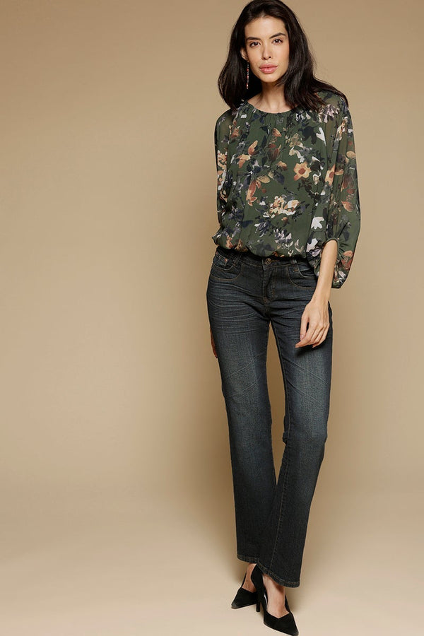 Gipsy Olive Medium Length Round Neck 3/4th Sleeves Printed Georgette Top Olive