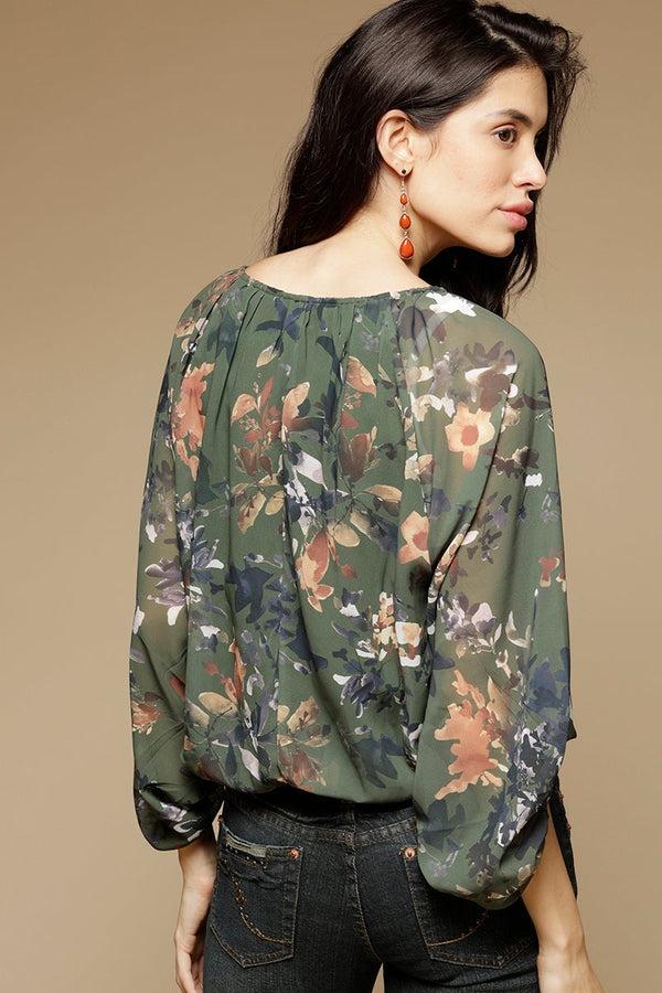 Gipsy Olive Medium Length Round Neck 3/4th Sleeves Printed Georgette Top Olive