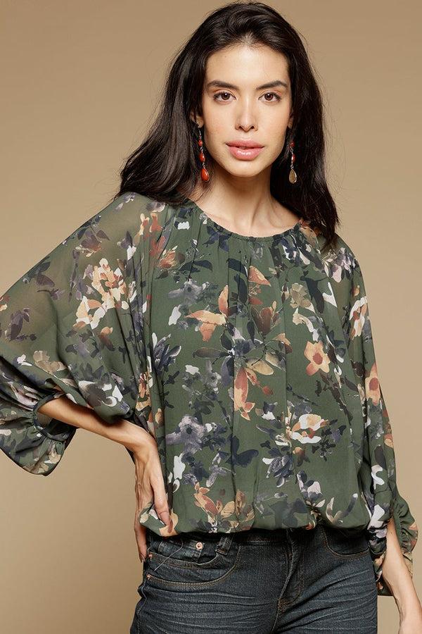 gipsy Olive Medium Length Round Neck 3/4th Sleeves Printed Georgette Top Olive