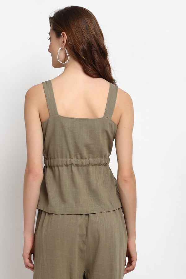 Gipsy Olive Medium Length Square Neck Linen Blouse Olive