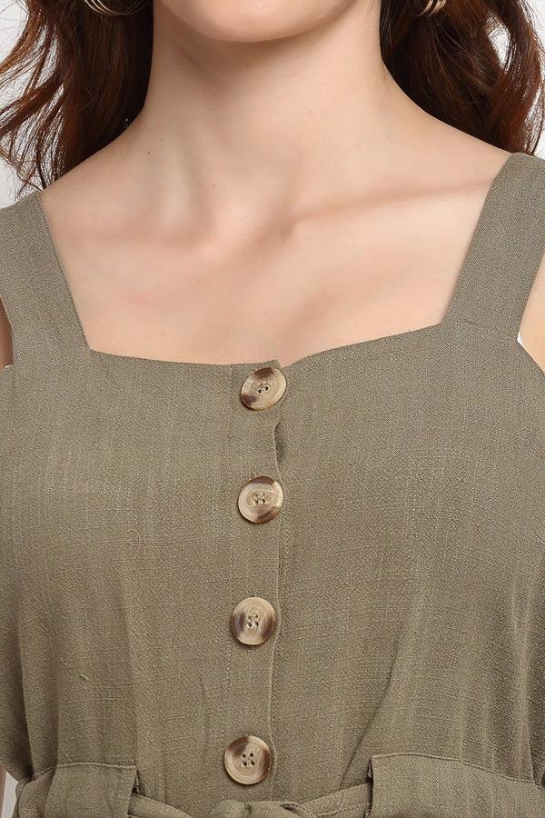 Gipsy Olive Medium Length Square Neck Linen Blouse Olive