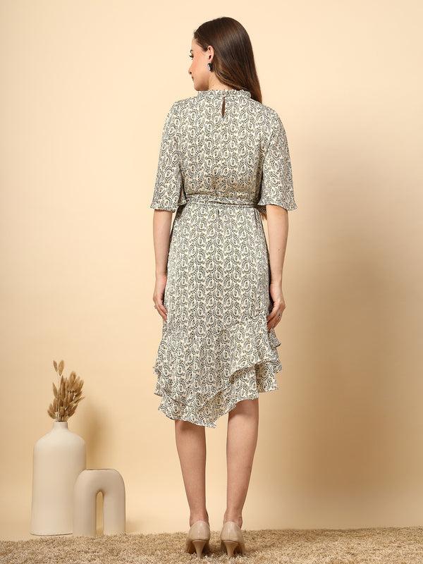 Gipsy Olive Printed Dress With Neck And Bottom Frill