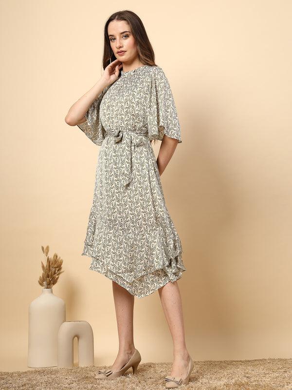 Gipsy Olive Printed Dress With Neck And Bottom Frill