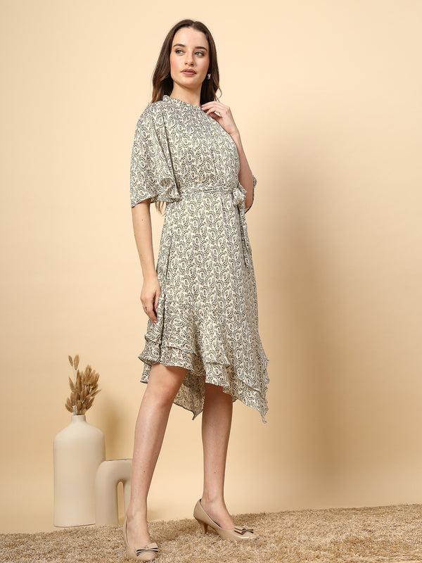 Gipsy Olive Printed Dress With Neck And Bottom Frill