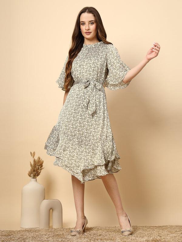 gipsy Olive Printed Dress with Neck and Bottom Frill