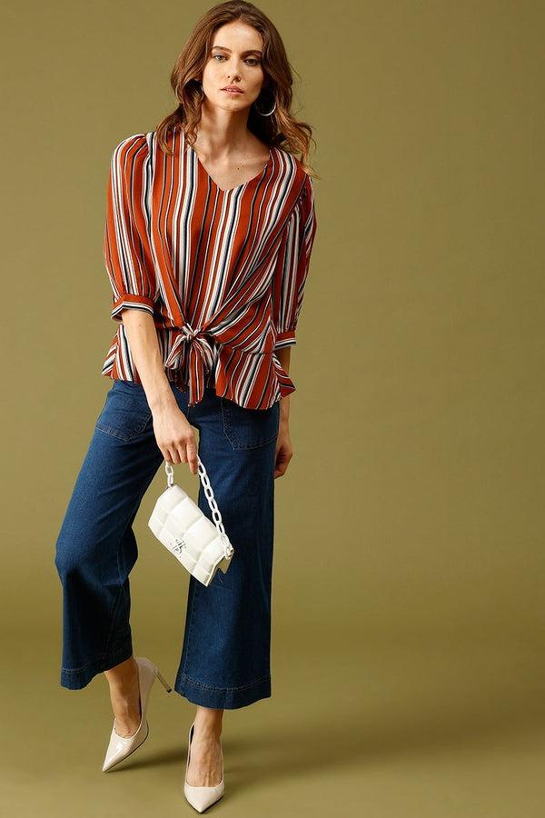 Gipsy Orange Medium Length V-Neck Polyester Top Orange