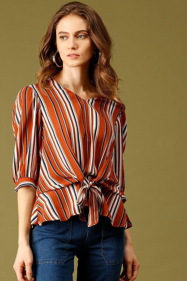 gipsy Orange Medium Length V-Neck Polyester Top Orange