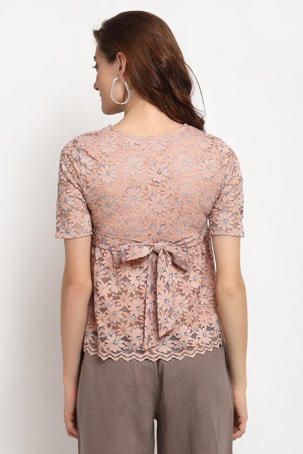 Gipsy Peach Medium Length Round Neck Polyester Blouse Peach