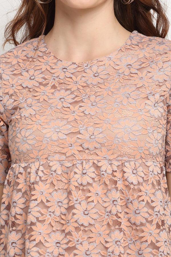Gipsy Peach Medium Length Round Neck Polyester Blouse Peach
