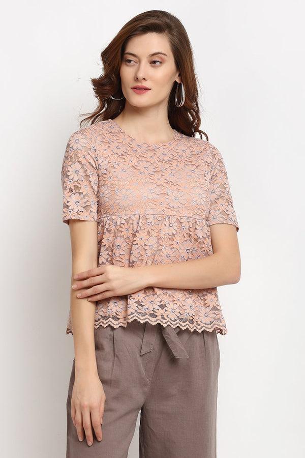 gipsy Peach Medium Length Round Neck Polyester Blouse Peach