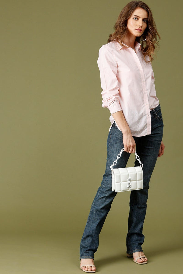 Gipsy Pink Medium Length Shirt Collar Solid Cotton Shirt Pink