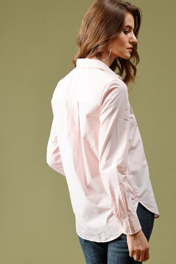 Gipsy Pink Medium Length Shirt Collar Solid Cotton Shirt Pink