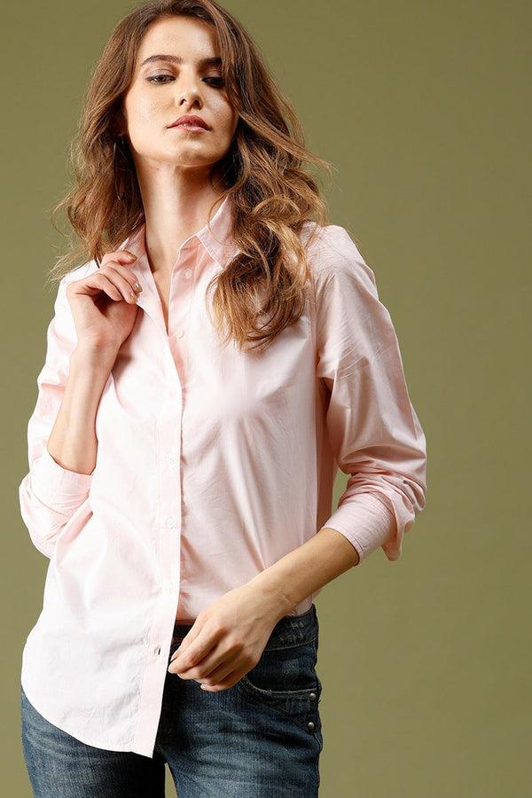 gipsy Pink Medium Length Shirt Collar Solid Cotton Shirt Pink