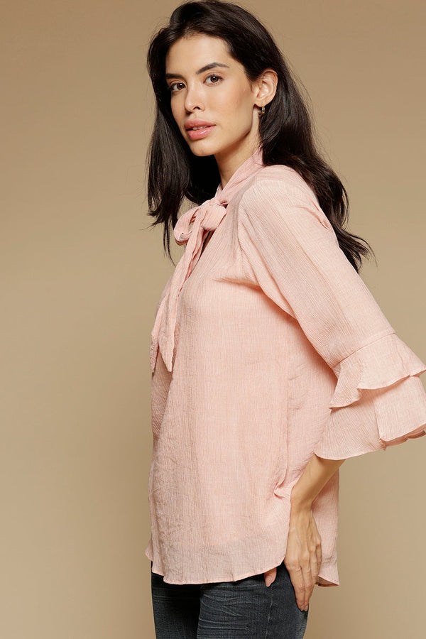 Gipsy Pink Medium Length Tie-Up Neck 3/4th Sleeves Chiffon Tunic Pink