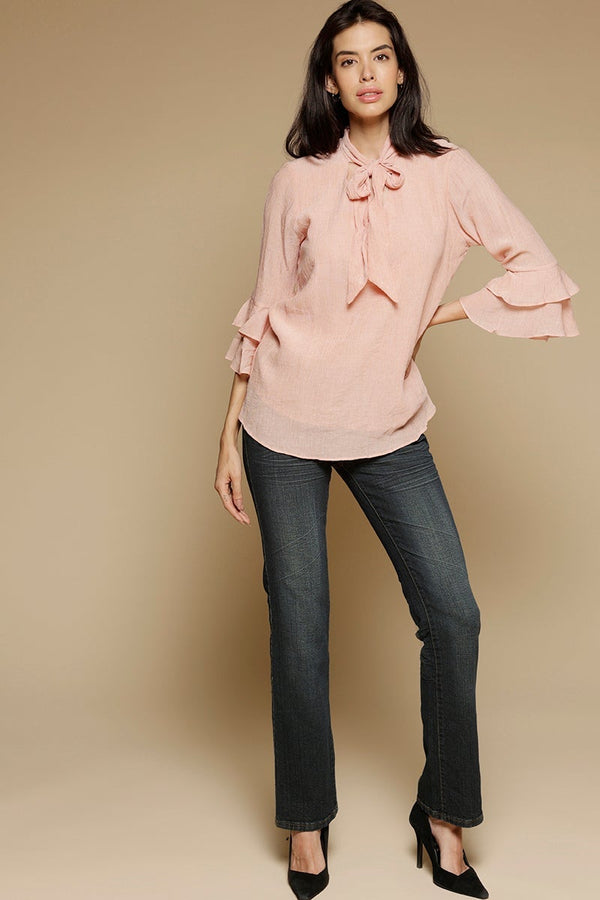 Gipsy Pink Medium Length Tie-Up Neck 3/4th Sleeves Chiffon Tunic Pink