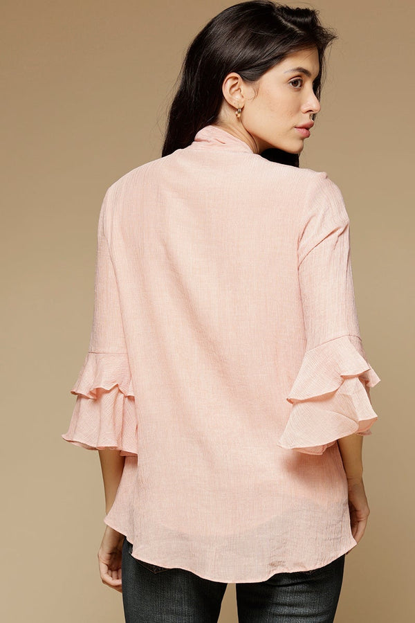 Gipsy Pink Medium Length Tie-Up Neck 3/4th Sleeves Chiffon Tunic Pink