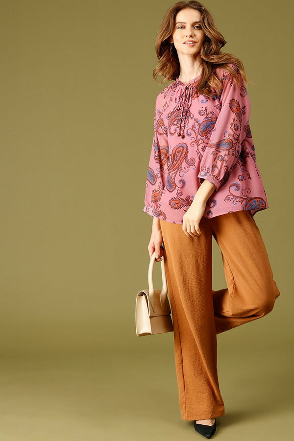 Gipsy Pink Medium Length Tie-Up Neck 3/4th Sleeves Printed Georgette Tunic Pink