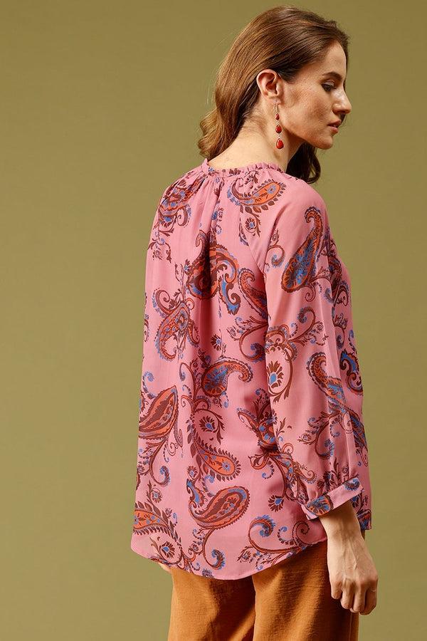 Gipsy Pink Medium Length Tie-Up Neck 3/4th Sleeves Printed Georgette Tunic Pink