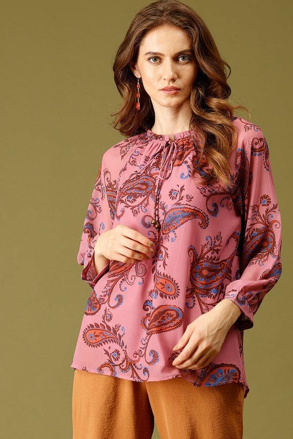 gipsy Pink Medium Length Tie-Up Neck 3/4th Sleeves Printed Georgette Tunic Pink