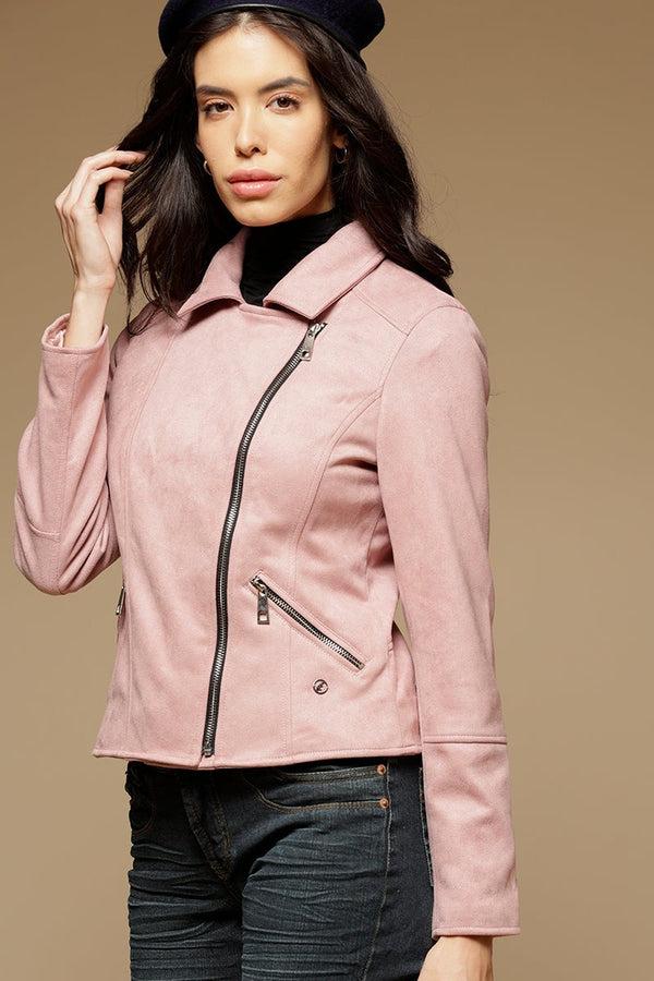 Gipsy Pink Regular Length Full Sleeves Collar Neck Suede Jacket Pink